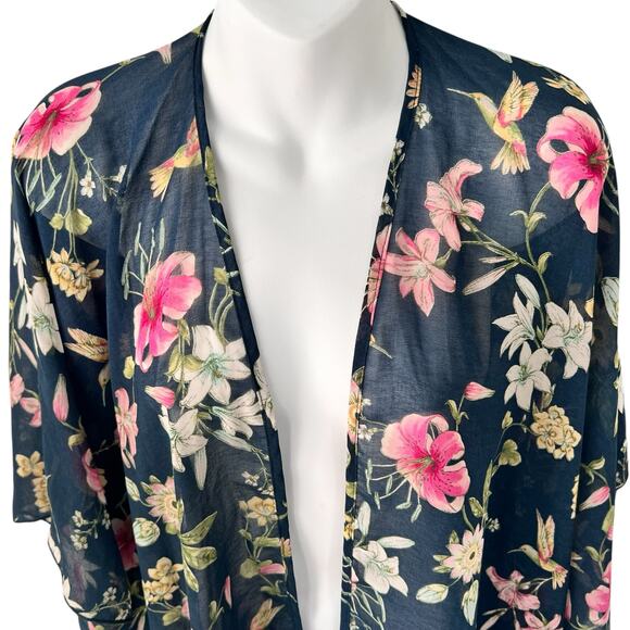 Fotia Sheer Kimono Cardigan Womens‎ L Blue Pink Floral Casual Beach Spring Layer - Picture 4 of 9
